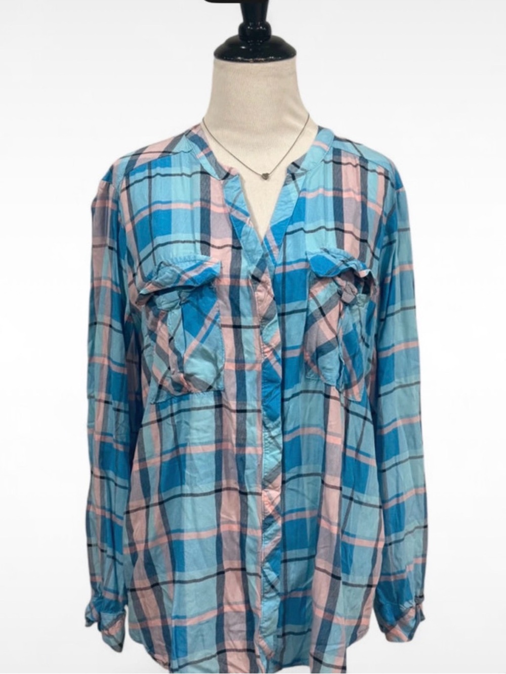 a.n.a. A New Approach Womens XL Plaid Button Front Shirt Blue Pink Rayon